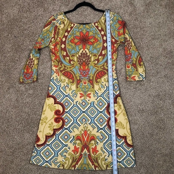 Joyous & Free Paisley Beaded 3/4 Sleeve Scoop Back Stretch Knit Shift Dress XS - Picture 13 of 14
